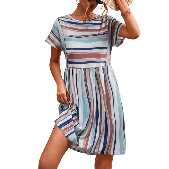 Vestido de manga corta para mujer, estampado a rayas, cuello redondo, estilo informal, vestido suelto para verano, color caqui S