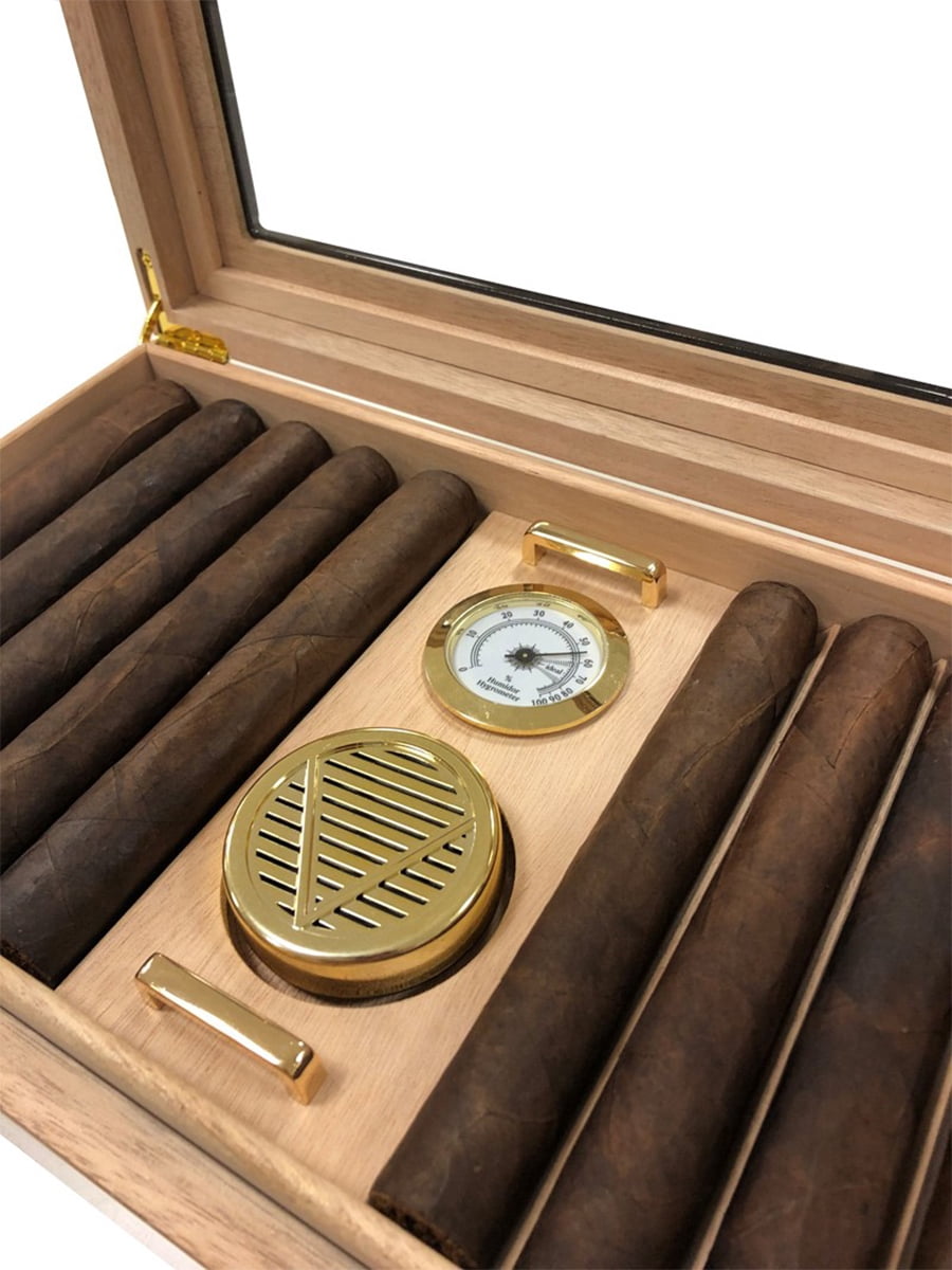 Prestige Import Group - Braydon Glass Top Contemporary Desktop Cigar Humidor with Removable Ventilated Cigar Bed, Humidifier, Hydrometer - African Obeche Techwood Lacquer Finish - Capacity: 25 to 50