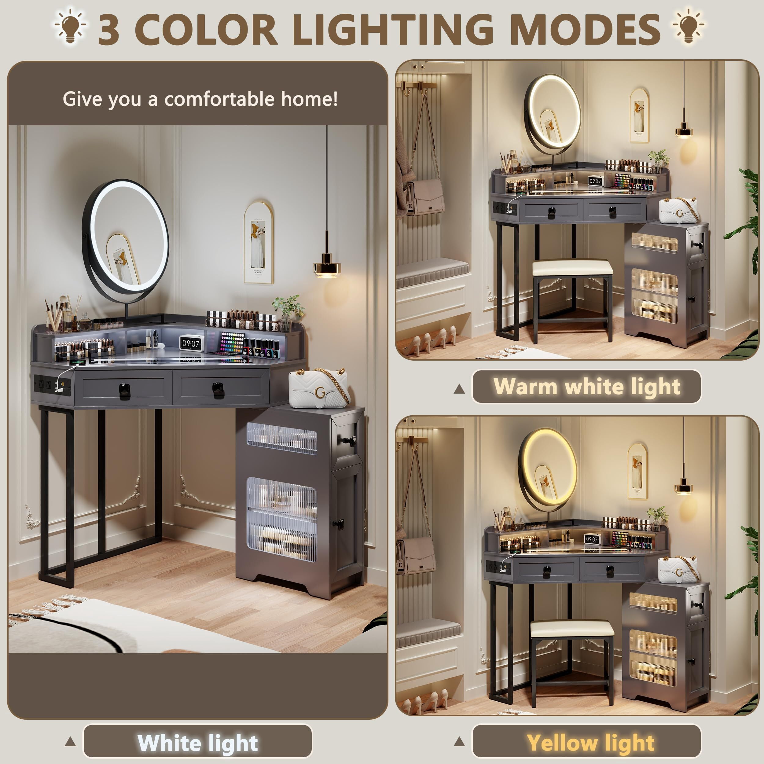 Aukfa Corner Makeup Vanity Table Set with Mirror and Lights, Power Outlet, Drawers and Shelves,Gray