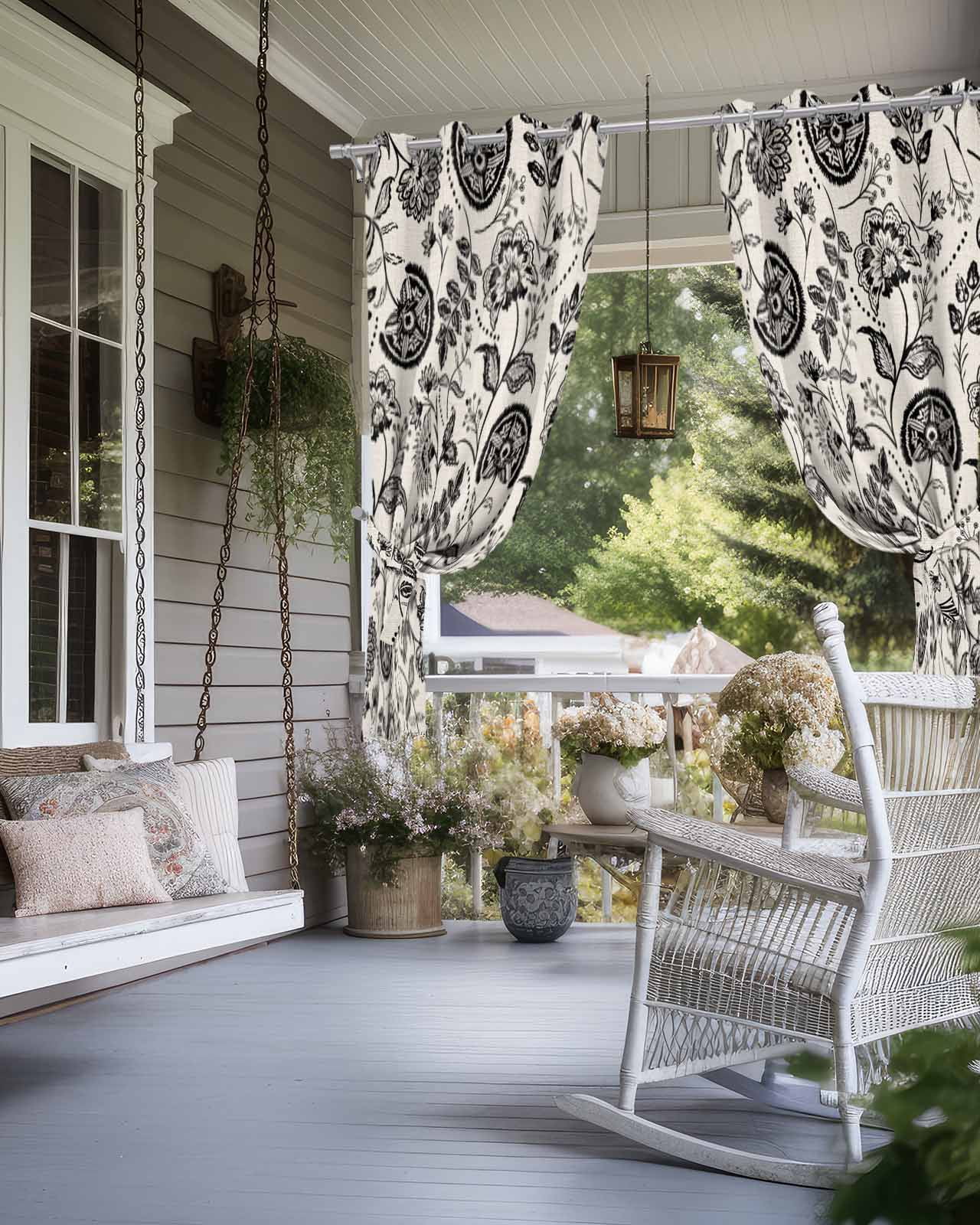 Outdoor Curtains for Patio, Black Spring Floral Waterproof Blackout Outside Curtain for Porch/Pergola/Gazebo, Summer Botanical Farmhouse Vintage Thermal Insulated Drapes, 1 Panel, 54 x 84 Inch