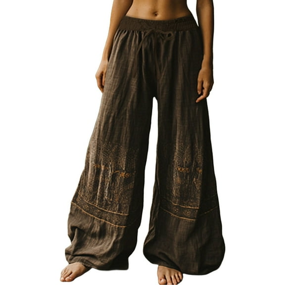 yunLCZ Women's Wide Leg Pants Holiday Style Retro Linen Floral Ethnic Print Casual Pants For Women – Comfortable Relaxed Fit Perfect For Summer Beach And Vacation Wear Business Work Casual Pants