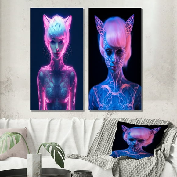 Designart "Neon Catgirl A Vibrant Impression I" Fashion Woman Wall Art Set Of 2 - Glam Blue Gallery Set For Office Decor