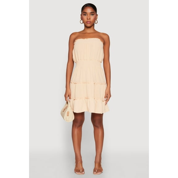 Womens Strapless Smocked Tiered Mini Dress