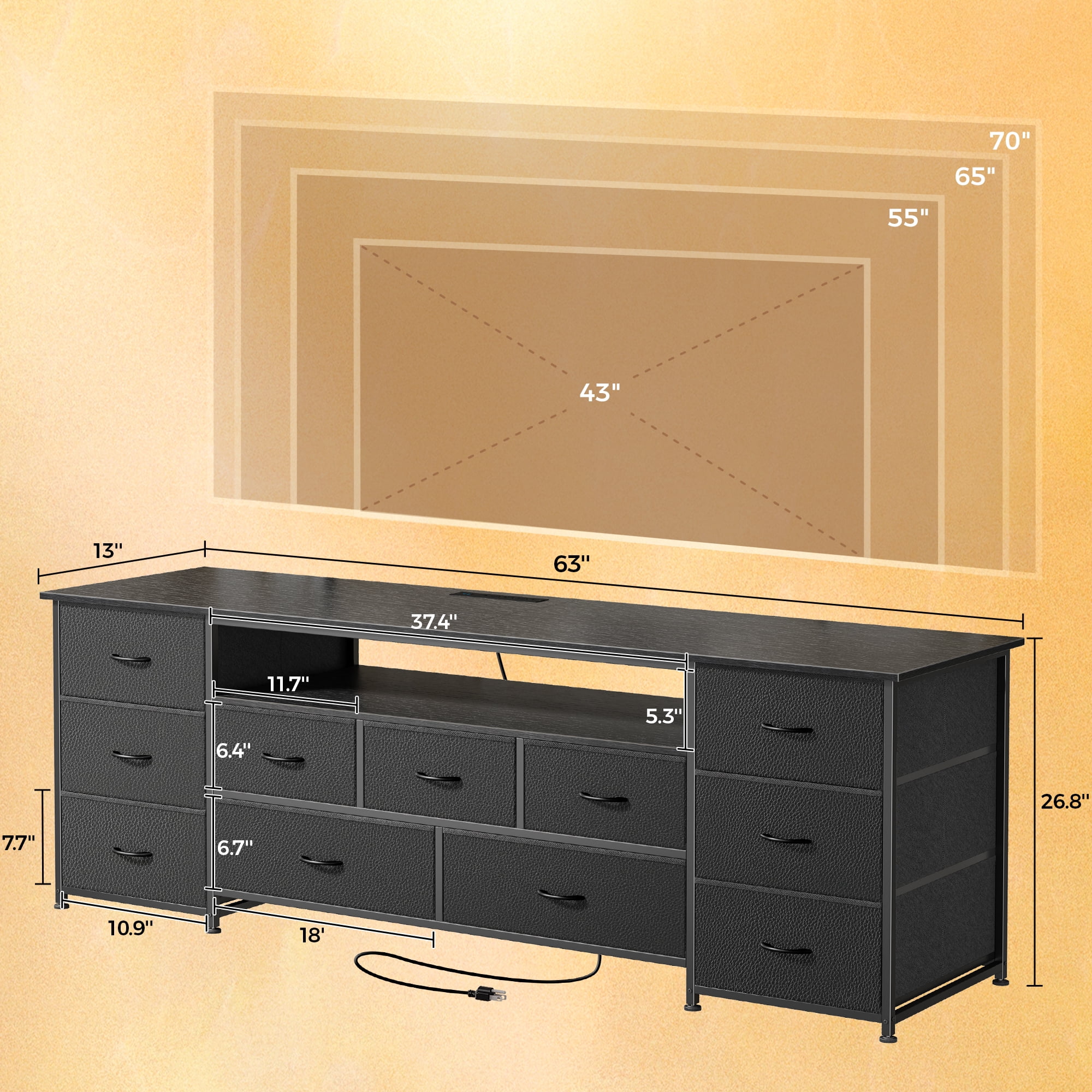 Amadwell Large TV Stand for 65, 70 Inch TVs, 11 Drawer Long Dresser with Power Outlets & LED Lights, 63 inch Entertainment Center