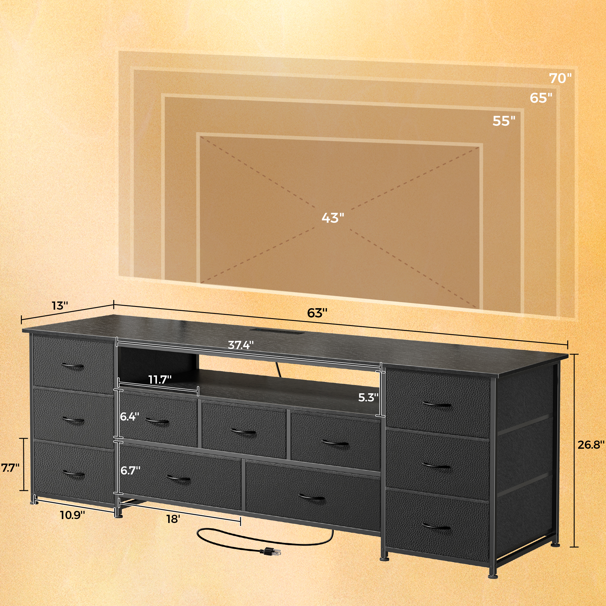 Amadwell 63" TV Stand with 11 Drawers and Charging Station photo 2