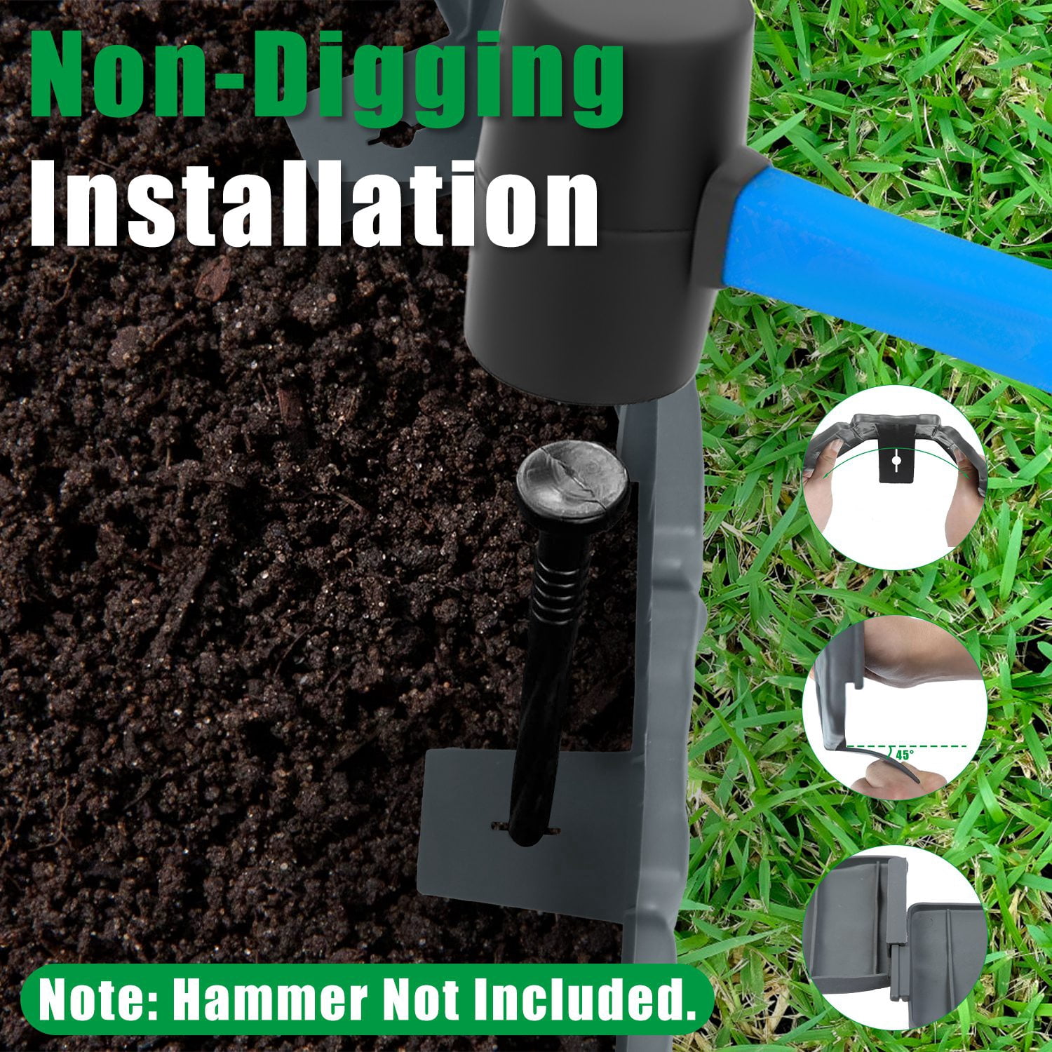 Imountek 16FT Flexible Non-Dig Plastic Landscape Border, 20Pcs Faux Cobbled Stone Garden Edging with Spikes, Shovel and Gloves