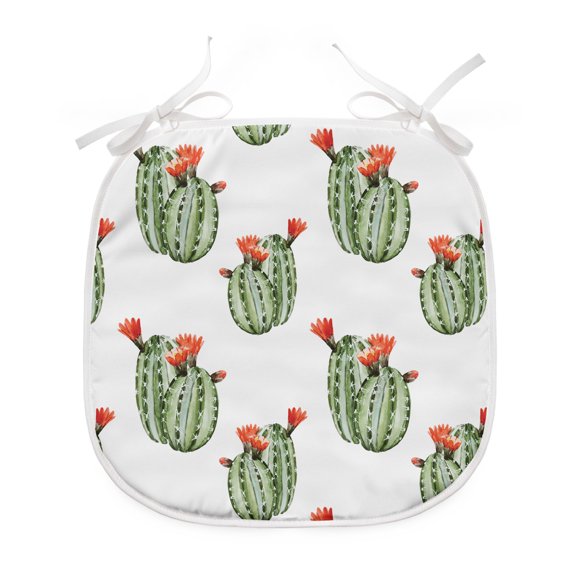 Cactus Dining Chair Pad, Cacti Spikes and Red Flowers Mexican Hot Desert Vintage Image Art, Water Resistant Pillow with Straps for Kitchen Seats, 4 Pieces Set, Green and Orange, by Ambesonne