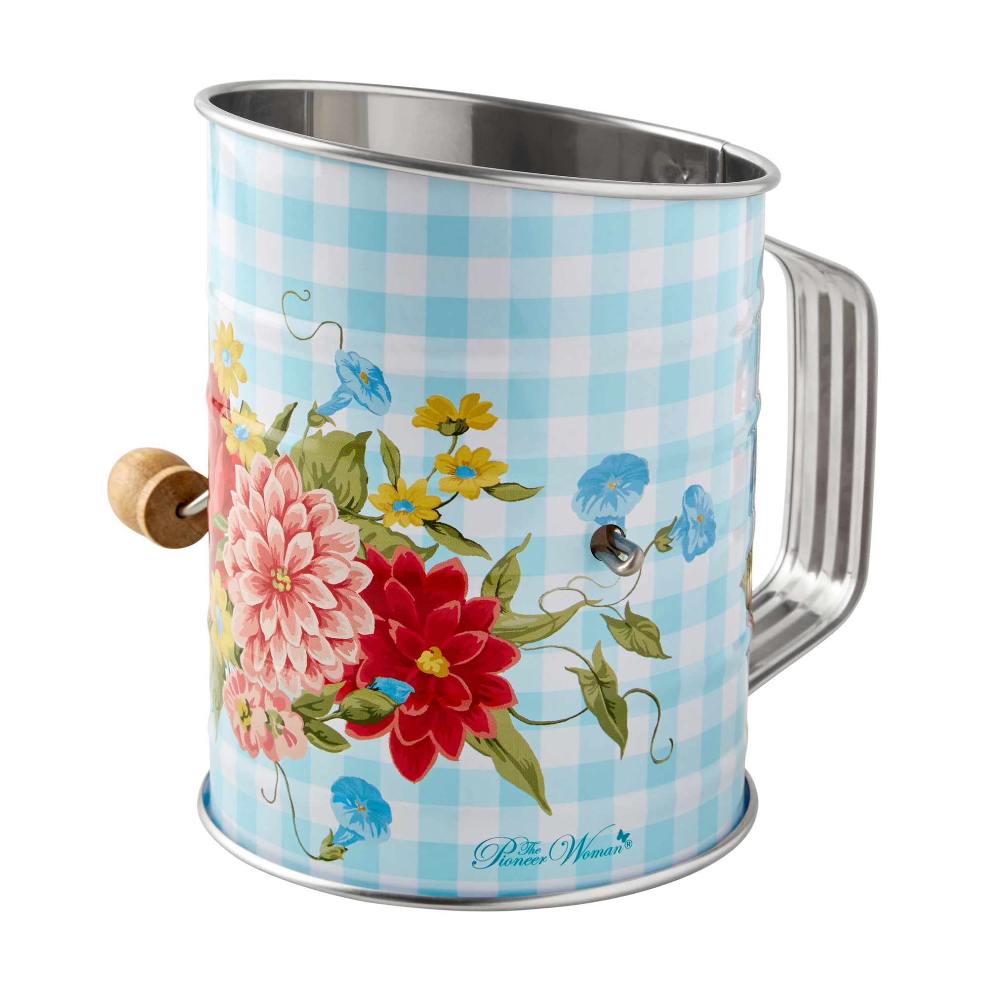 The Pioneer Woman 3-Cup Stainless Steel Tin Flour Sifter with Acacia Wood Crank Knob, Sweet Rose