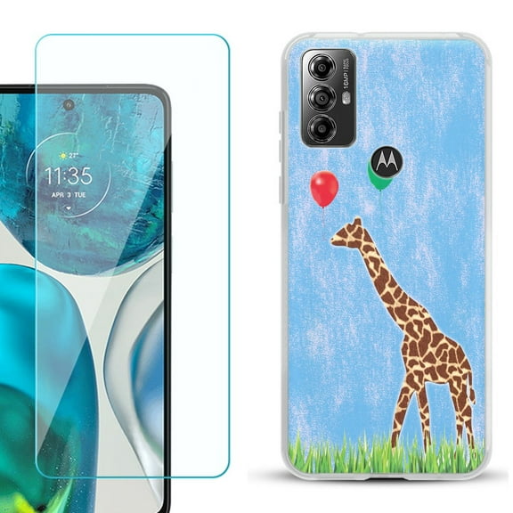 OneToughShield ® for Motorola Moto G Play 2023 Shockproof Fashion Phone Case, with Tempered Glass Screen Protector - Giraffe/Balloon