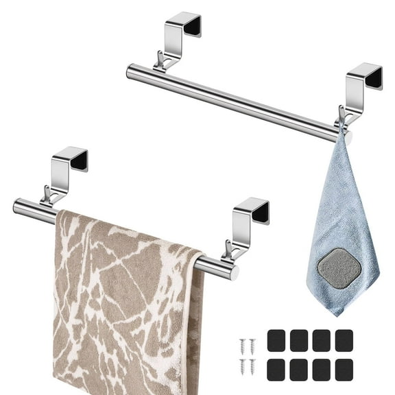 Towel Bar for Bathroom, Over Cabinet Door Towel Rack with 2 Hooks, 9" Hand Towel Holder Bathroom and Kitchen, 2 Pack (Sliver)