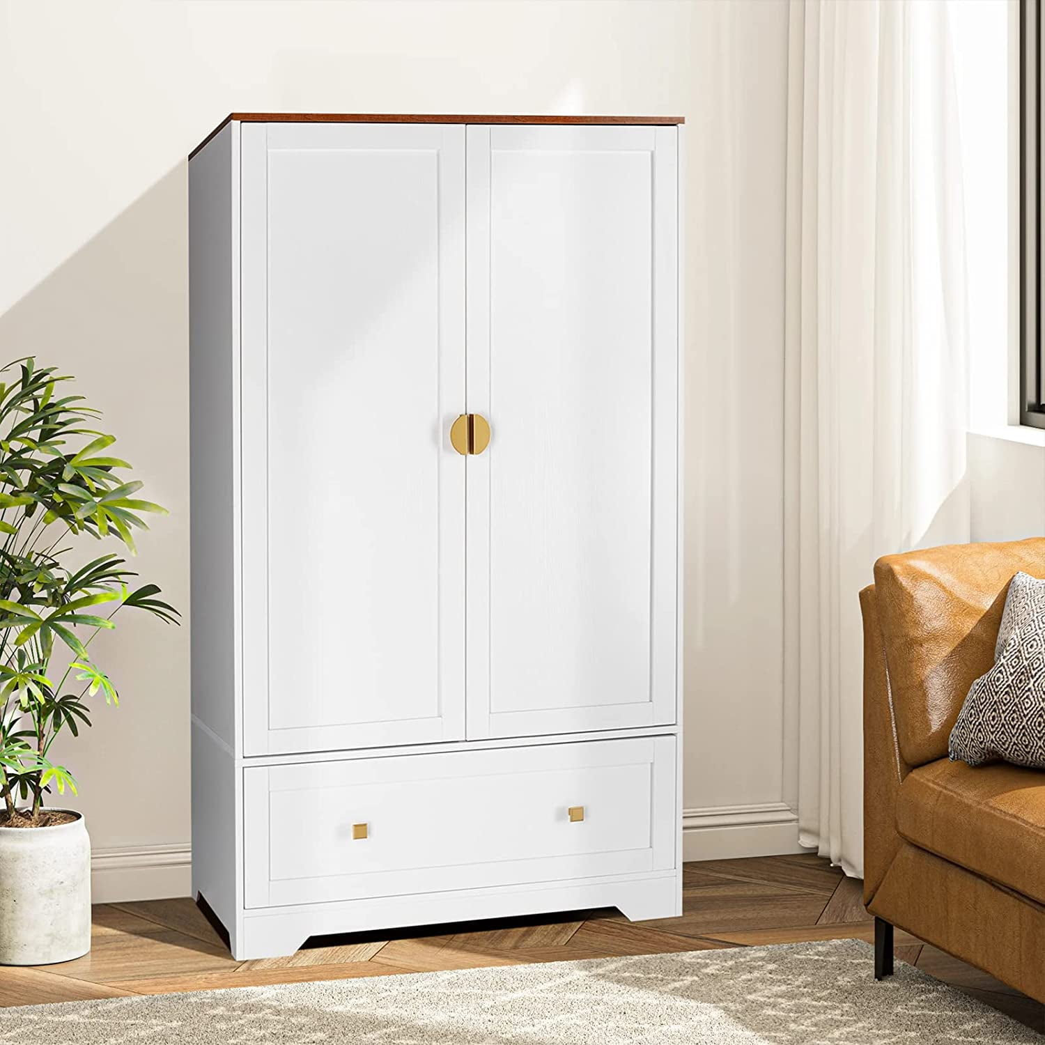 VINGLI 65"H White Wardrobe Armoire Closet with Shelves and Drawer