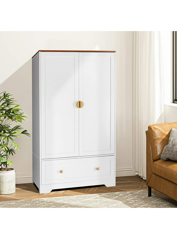 VINGLI 65"H White Wardrobe Armoire Closet with Shelves and Drawer, Freestanding Closet Wardrobe Cabinet for Hanging Clothes