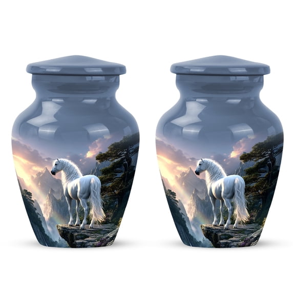 Yatskia White Horse at Mountain Little Funeral Keepsake Urn for Ashes Adult Men and Women, Small Memorial Urn for Adult Ashes, (Classic Pack of 2, 3 Inch)