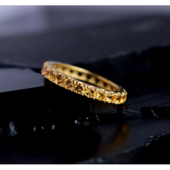 Yellow Citrine Eternity Wedding Engagement Band Ring Stacking Ring 925 Sterling Silver Yellow Gold Plated Gemstone Jewelry For Women Gift