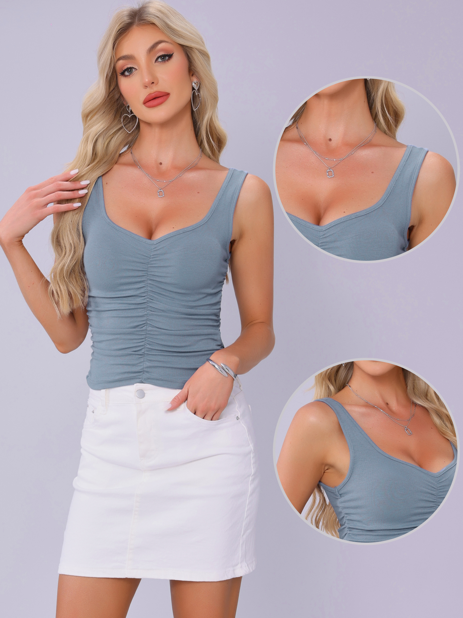 DARING DIVA Women's Going Out Y2K Slim Fit Ruched Crop Tops L Dusty Blue