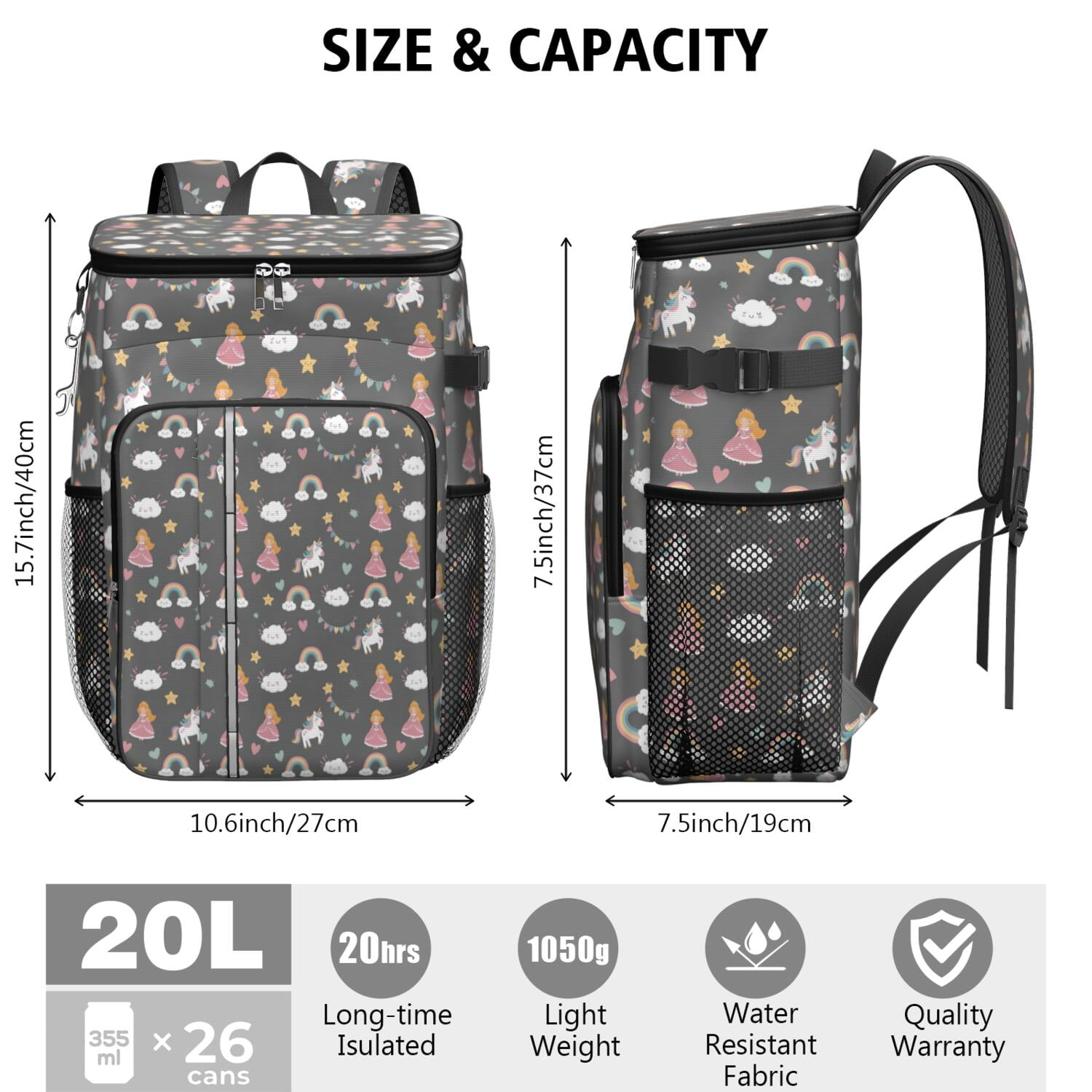 Travel Cooler Bag - Dark Gray Princess Unicorn Cloud Pattern Camping Beer Cooler Backpack with Bottle Opener- Waterproof Insulated Picnic Backpacks - Cooler Bag for Beach