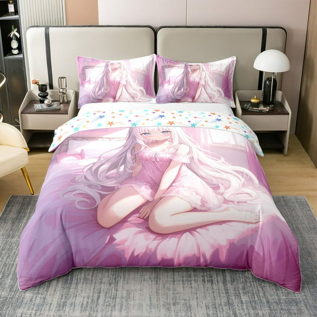 Erosebridal Housse de Couette 100 % Coton Fille d'Anime Mignonne Format Double, Ensembles de Literie Roses Format Double, Déco Impression 3D, Réversible 3 Pcs (Sans Couette)