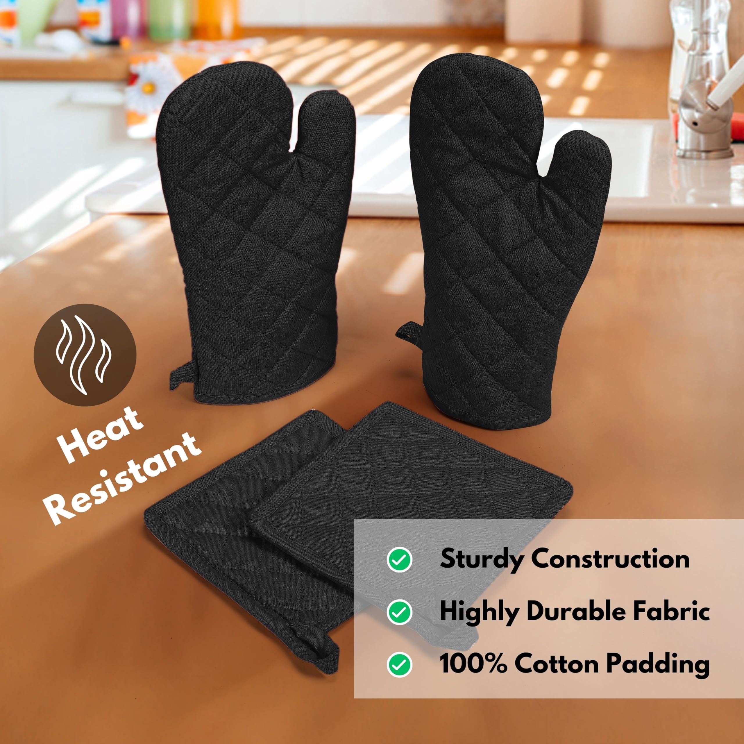 Native Fab 100% Cotton Oven Mitts & Pot Holders for Baking Cooking Hot Pans - 4 Pack - Black