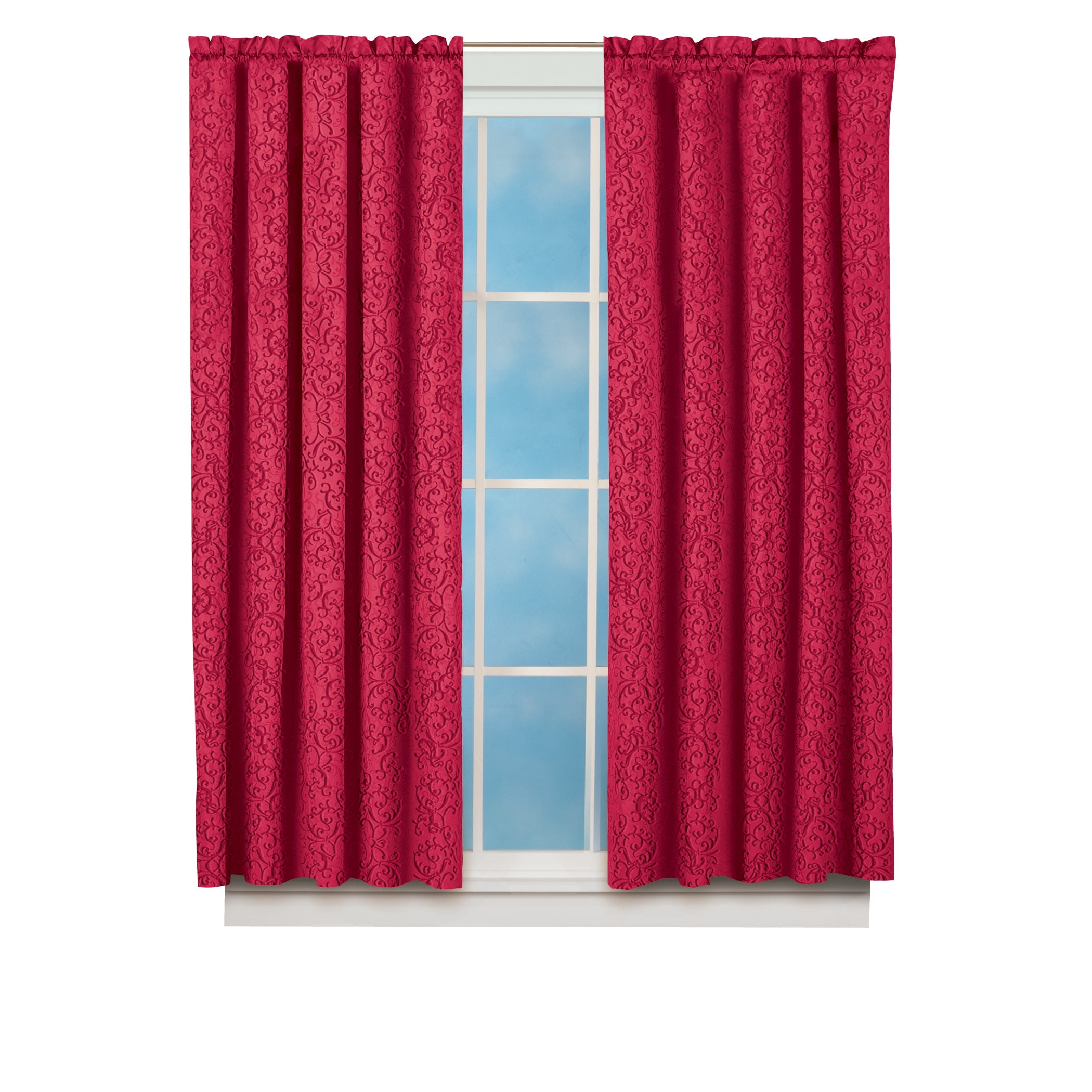 Collections Etc Scroll Insulated Sheen Curtain Panel Red 50" x 63"