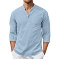 thumbnail image 4 of Awwp Men's Linen Cotton Shirt 3/4 Sleeve Stand Collar Casual Button down Shirts with Pocket Breathable Summer Shirts 8 Colors Available Vacation Beach Shirt Sky Blue Size: 3Xl, 4 of 9