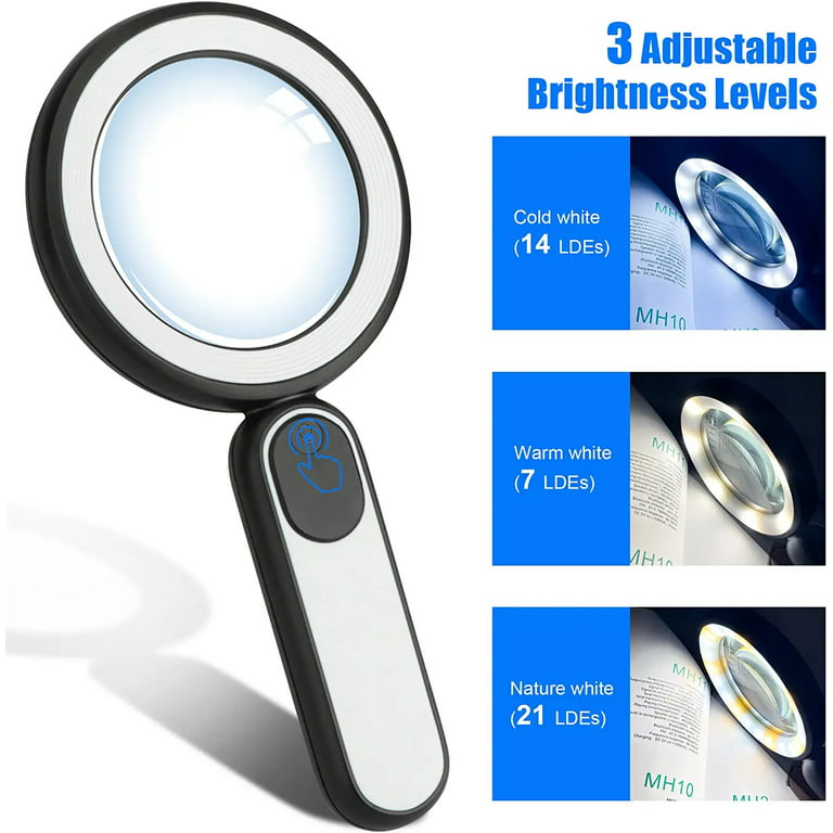 Kirkas Magnifying Glass with Light and Stand, 10x Real Glass 2-in-1 Desk Lamp & Clamp, 3 Color Modes Stepless Dimmable, LED Lighted Magnifier with