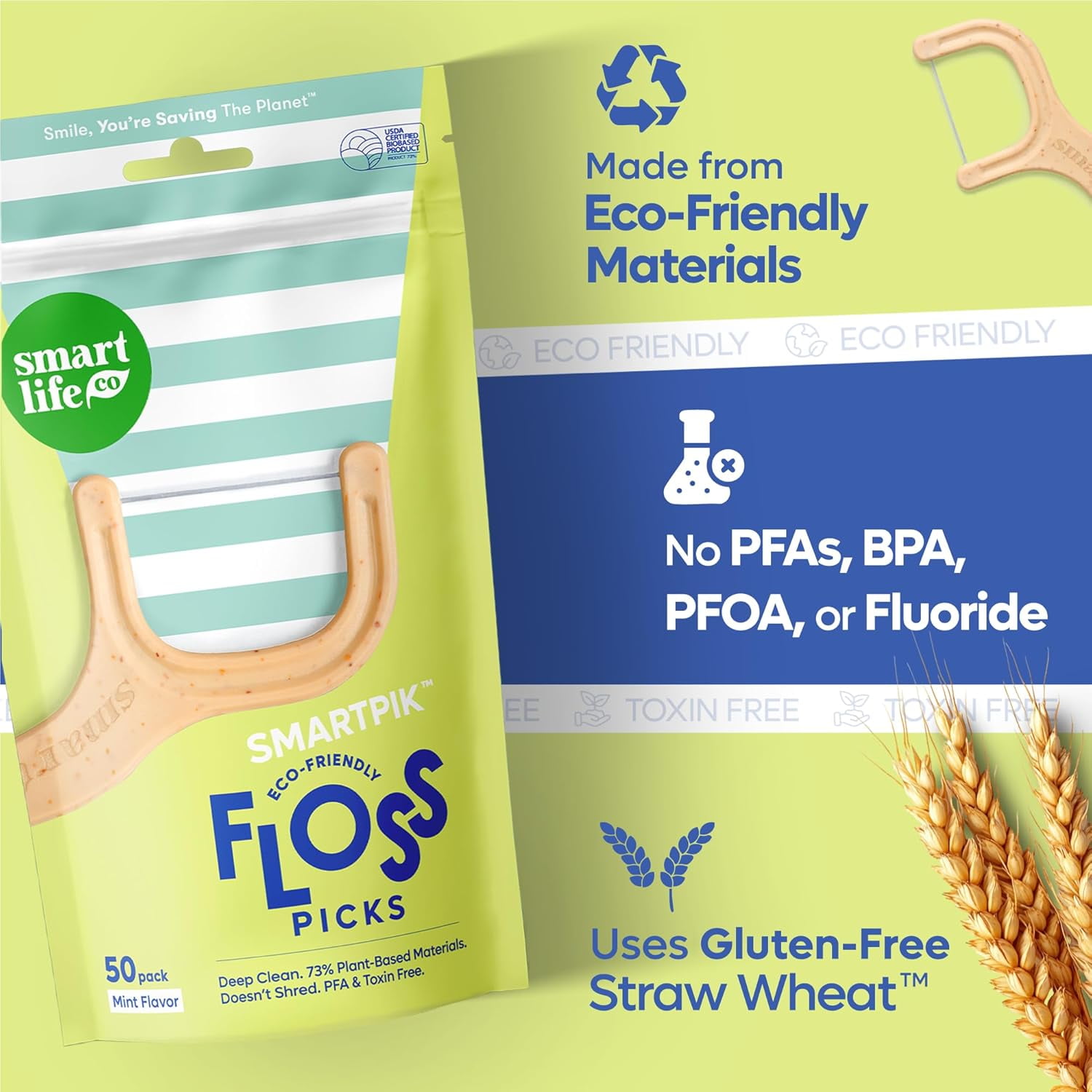 Eco-Friendly Dental Floss Picks (200ct) - Flossers Made with Straw Wheat Blend, Superior Anti-Shred Thread for Tight Gaps, Tooth Pick Stick Adults, Soft on Gum & Teeth, Vegan, Mint