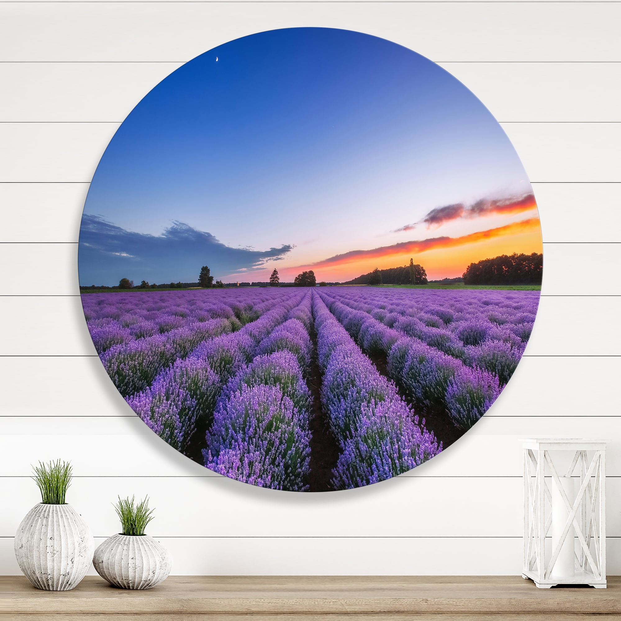 Designart 'Dramatic Clouds and Sunrise Over Lavender Field I' Farmhouse Circle Metal Wall Art 23x23 - Disc of 23