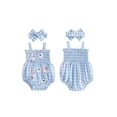 thumbnail image 2 of BemeyourBBs Newborn Baby Girl Summer Clothes Infant Baby Girl Goose Outfit Plaid Gingham Smocked Bubble Romper Embroidered Strap Sleeveless Bodysuit and Headband 2 Piece Set, 2 of 9