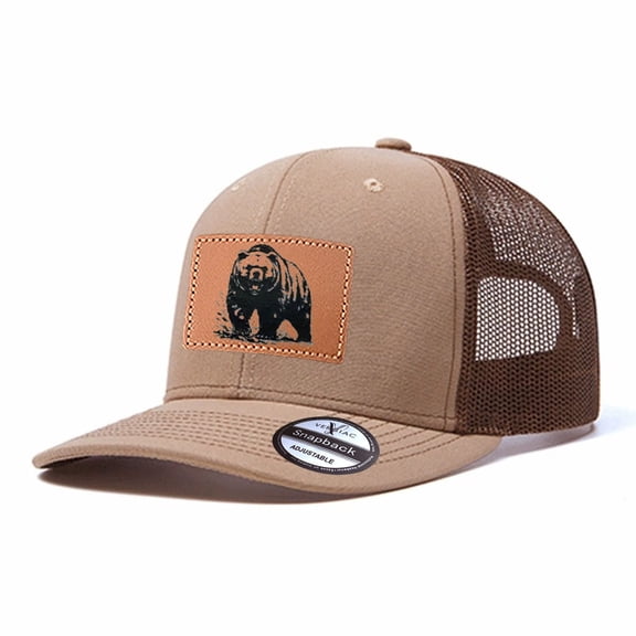Vergiac Bear Graphic Leather Patch Trucker Hat, Men Adjustable Breathable Mesh Baseball Cap for Outdoor Travel Daily Casual Outfits
