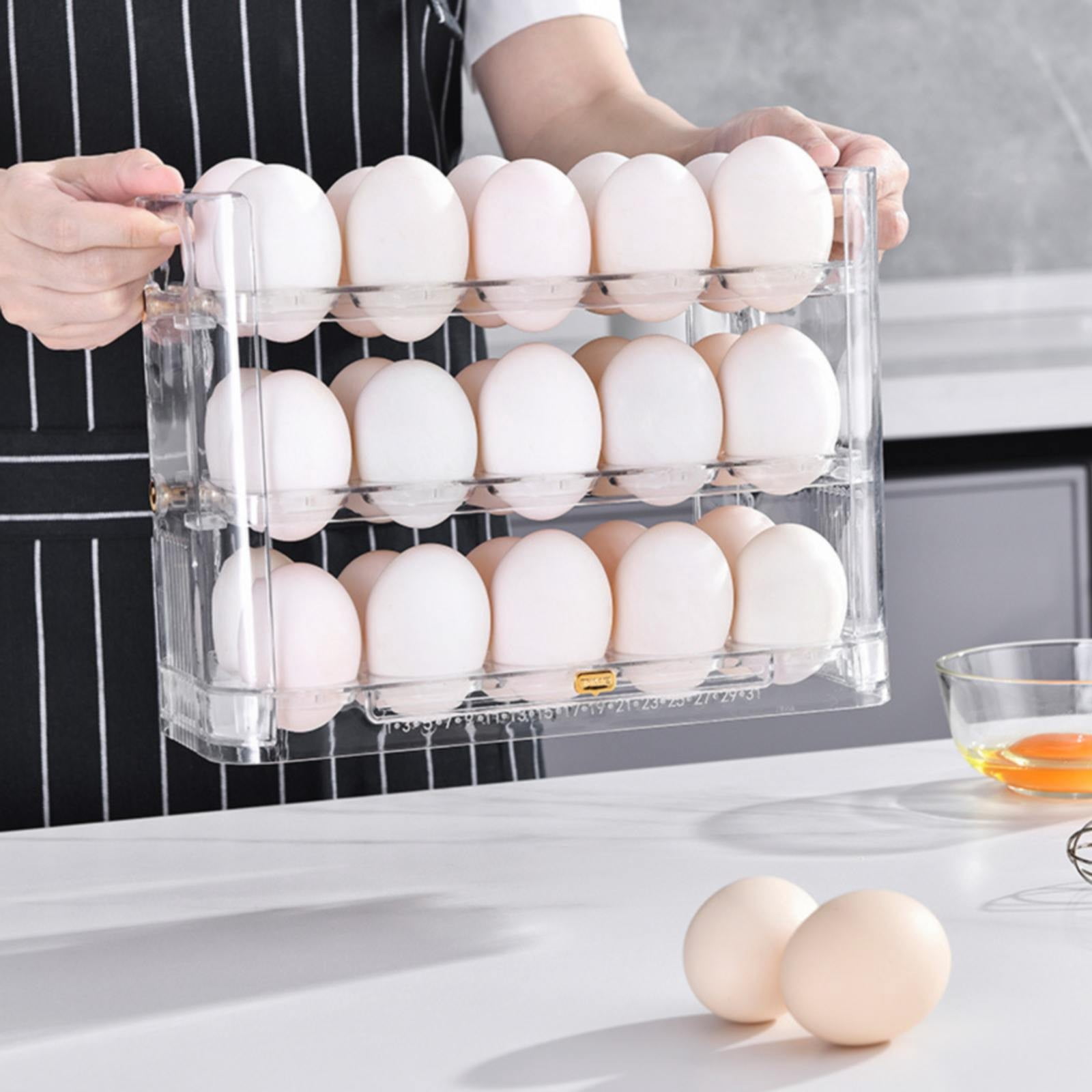 XKHAZA Flippable Egg Holder for Refrigerator, 3 Layer Egg Storage Container for Refrigerator Side Door Auto Flip Tray Egg Storage Container, Saving Eggs Dispenser for Countertop