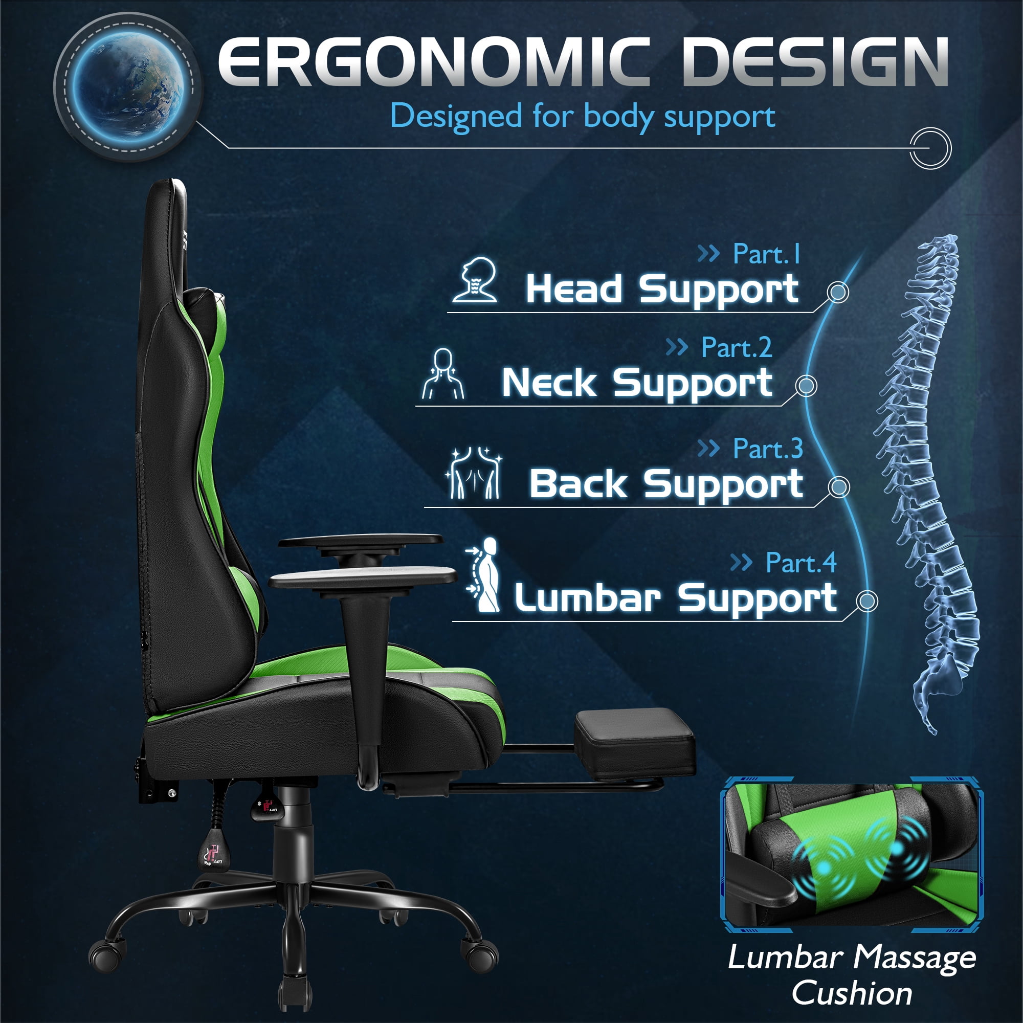 Homall Gaming Chair Massage Office Chair High Back PU Leather Chair with Footrest, Green