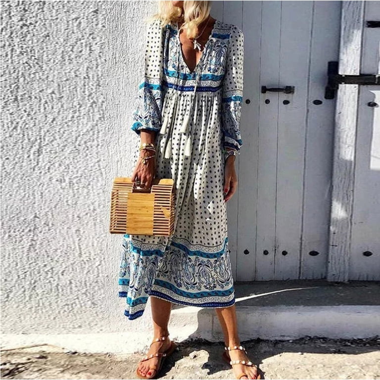 Patlollav Bohemian Dresses Women Fashion Casual Diurnal Boho V-Neck Floral Printed Holiday Long Dress