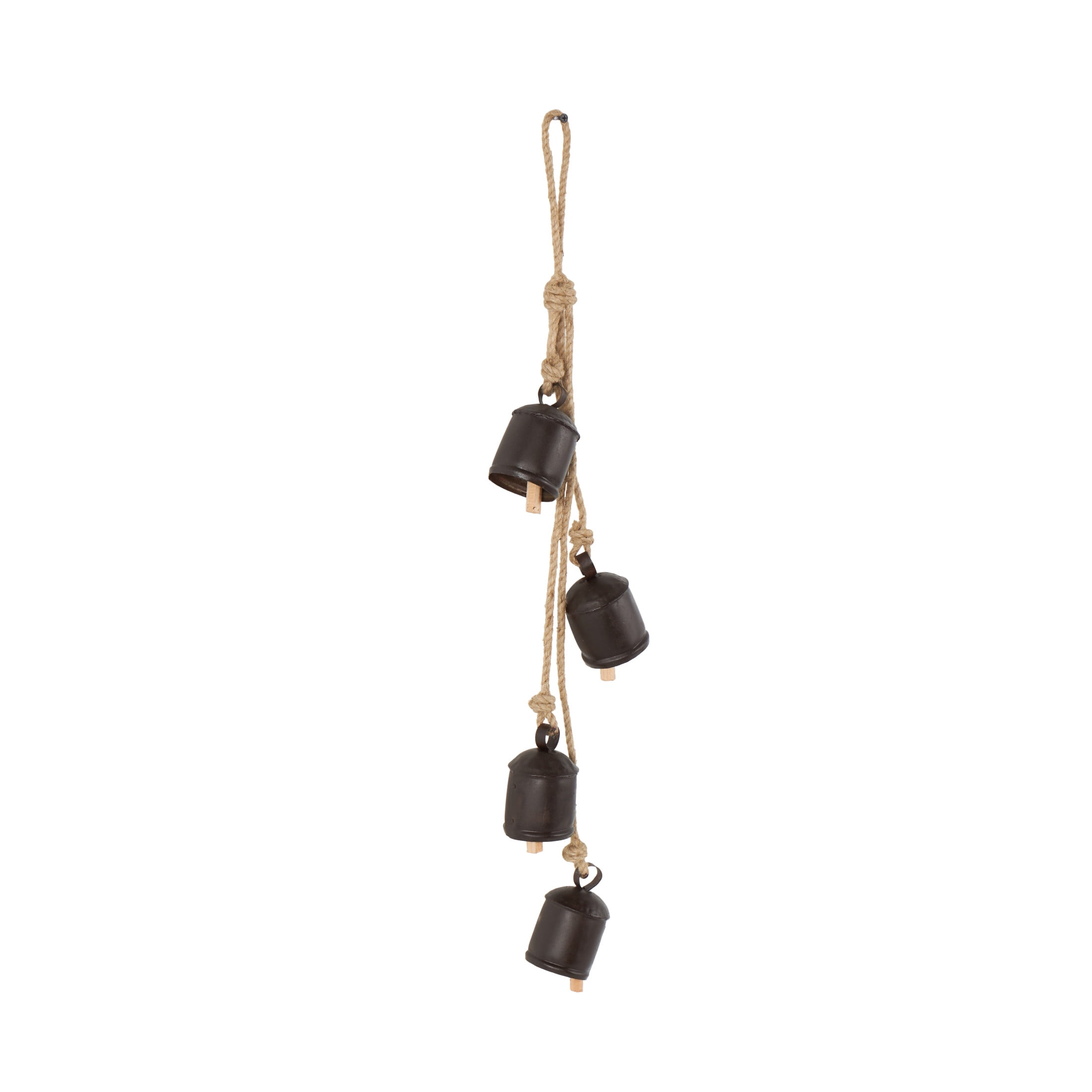 DecMode Tibetan Inspired Cascading Dark Brown Metal Cylindrical Decorative Bells with 4 Bells on Jute Hanging Rope