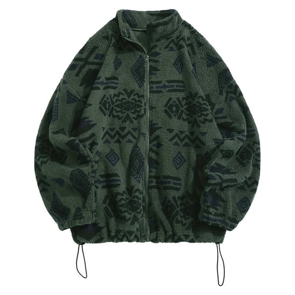 Women'S Ethnic Print Micro Pellet Plush Zip Front Jacket with Pockets Soft Fleece Outerwear Green XXL