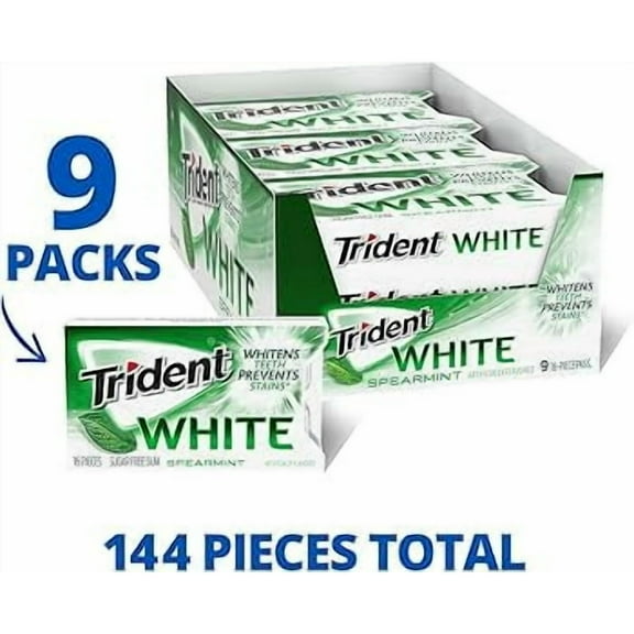Trident White Spearmint Sugar-Free Chewing Gum, 9 Packs, 16 Pieces Each (144 Total)