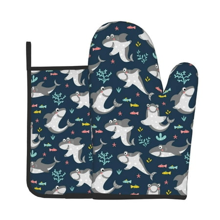 

Jgfou Friendly Sharks Pattern Oven Mitts and Pot Holders Sets Heat Resistant Oven Mittens Soft Lining Extra Thicken Long Kitchen Cotton Oven Glove for Cooking