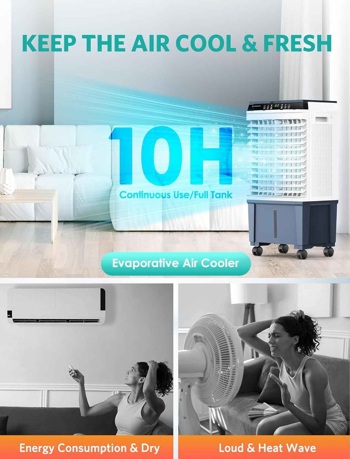 Nordic Hygge 1800 CFM 3 Speed Portable Evaporative Air Cooler Fan Humidifier Indoor/Outdoor up to 1000 Sq. Ft., White