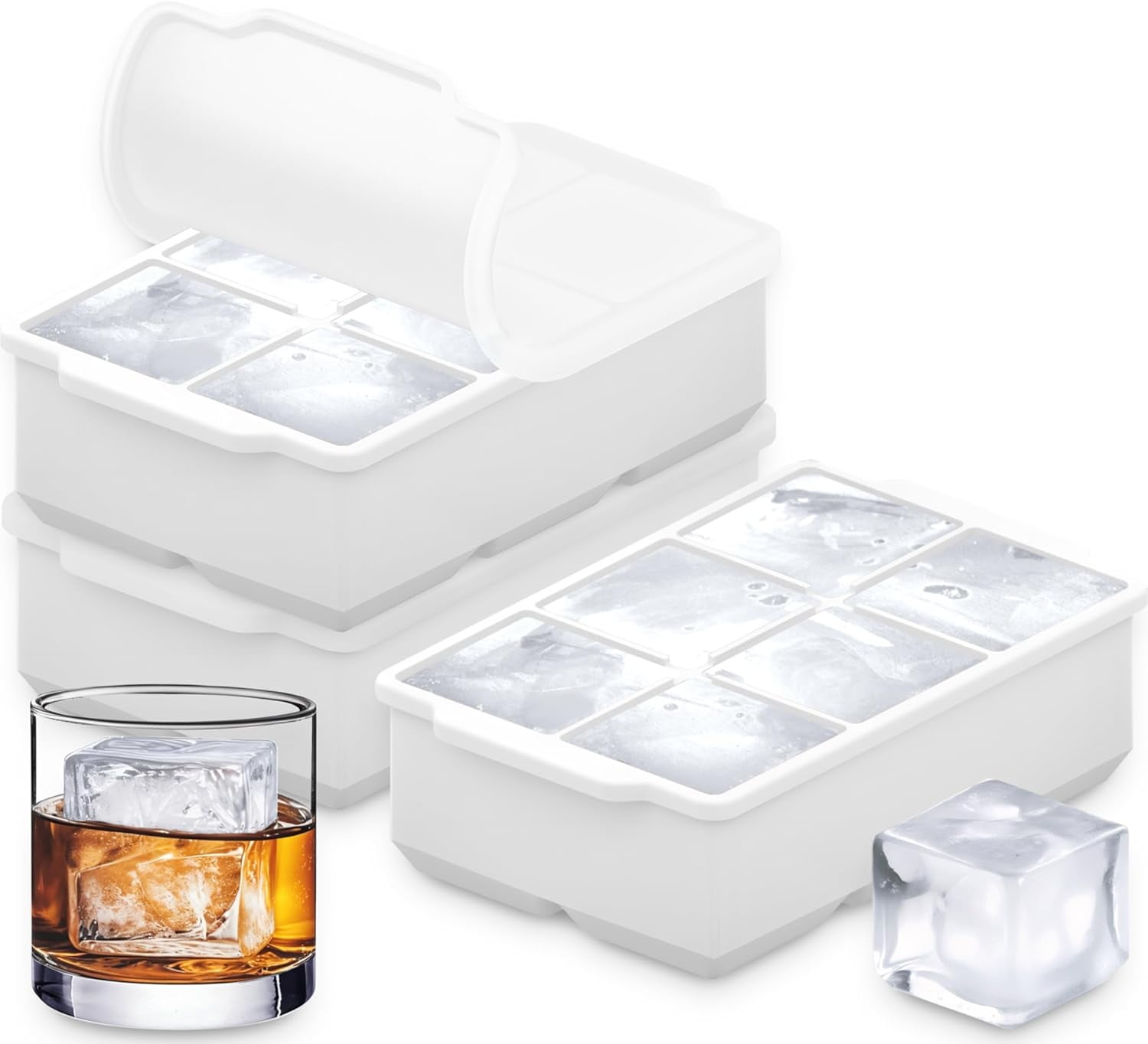 Large Silicone Ice Cube Tray 2-Pack with Lid, Easy Release Big 2-Inch Ice Molds for Cocktails and Whiskey, Stackable Freezer Trays Durable Black