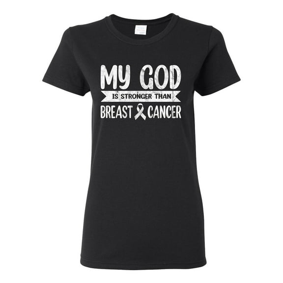 Wild Bobby My God Is Stronger Than Breast Cancer White Distressed Breast Cancer Awareness Women Graphic Tee, Black, Small