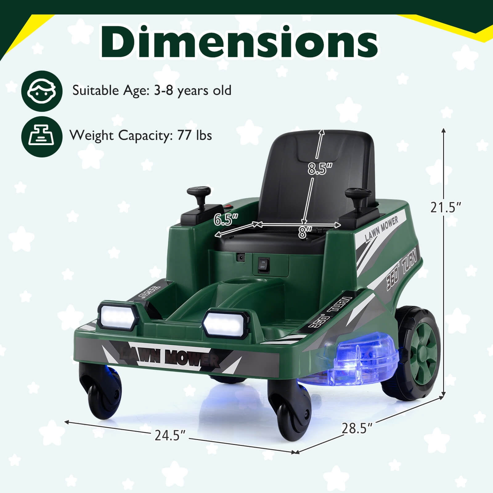 Costway 12V Ride on Lawn Mower with Dual Control Sticks LED Lights Twist Turn for Aged 3-8 Green