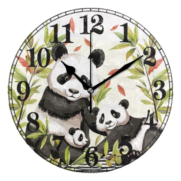 Cute Panda Family Leaves Silent Wall Clock 10" Non-Ticking Battery Clock