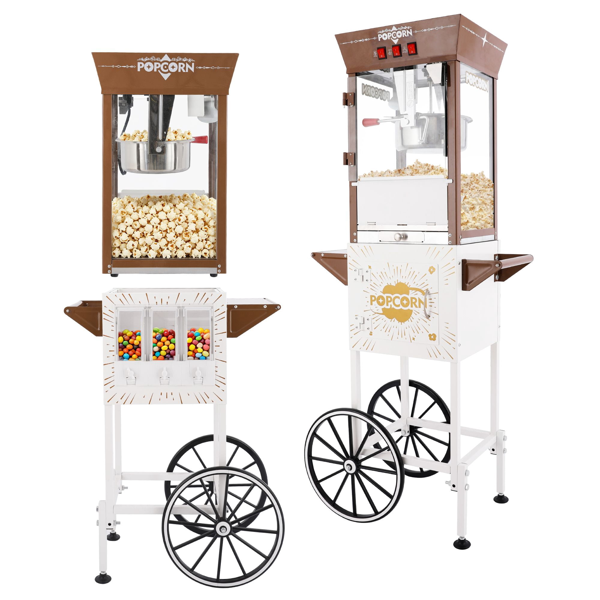12oz Commercial Popcorn Machine with Cart, 3 Control Buttons Electric Popcorn Maker, Comes with 3 Candy Storage Boxes & 3 Plastic Spoons, Retro Popcorn Popper for Movie Theater Snack Bar