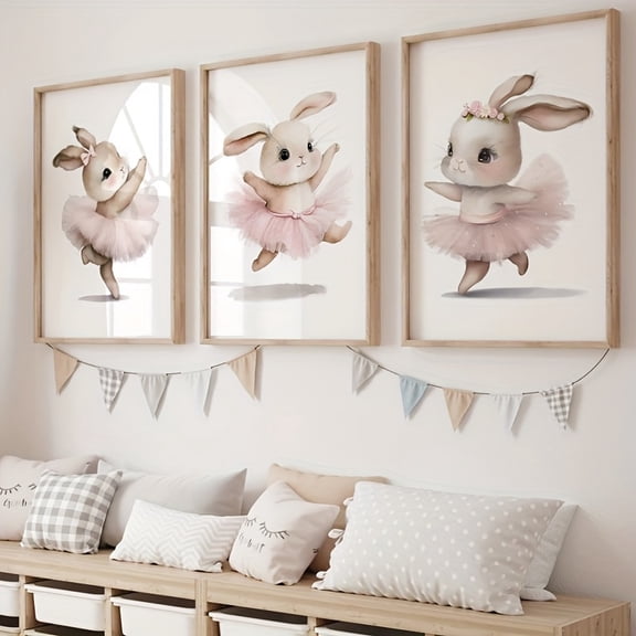 3 Pieces Ballerina Bunny Poster Canvas Print - Woodland Bunny Wall Art for Living Room, Bedroom, Thanksgiving Day Gifts - No Frame Included