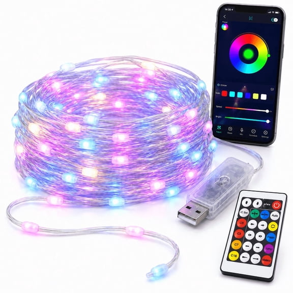 TEIPUERY 32.8 ft Rgb Fairy String Lights, 100 LED Usb Lights with Bluetooth App and Remote Control, Clear Wire