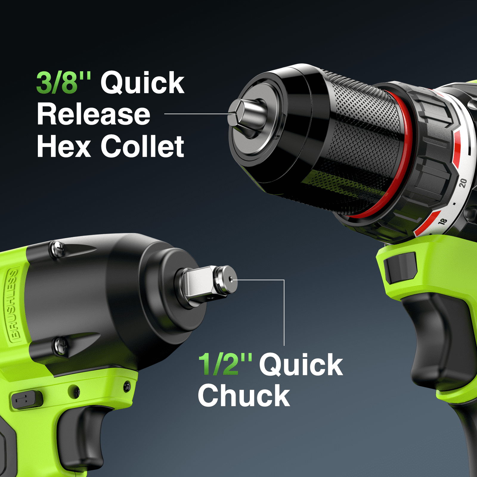 2-Tool Combo Kit: 1/2" Brushless Impact Wrench (800Nm) & 3/8" Brushless Drill Driver (80Nm) with 2×4000mAh Batteries