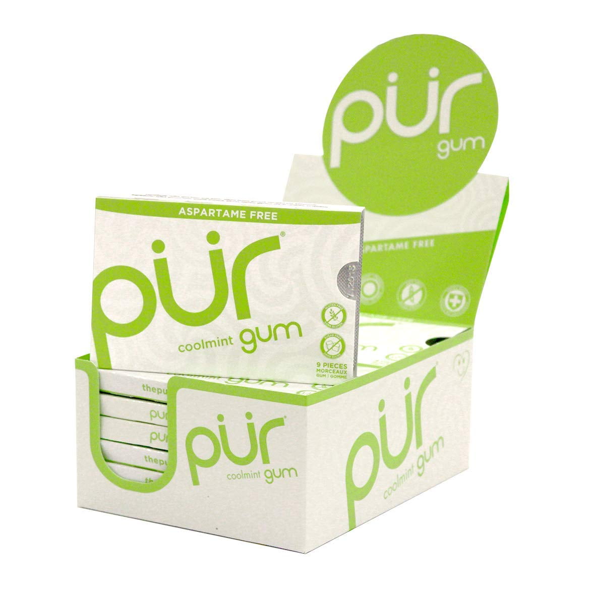 PUR 100 Xylitol Chewing Gum, Coolmint, SugarFree + Aspartame Free, Vegan + non GMO, 9 Count