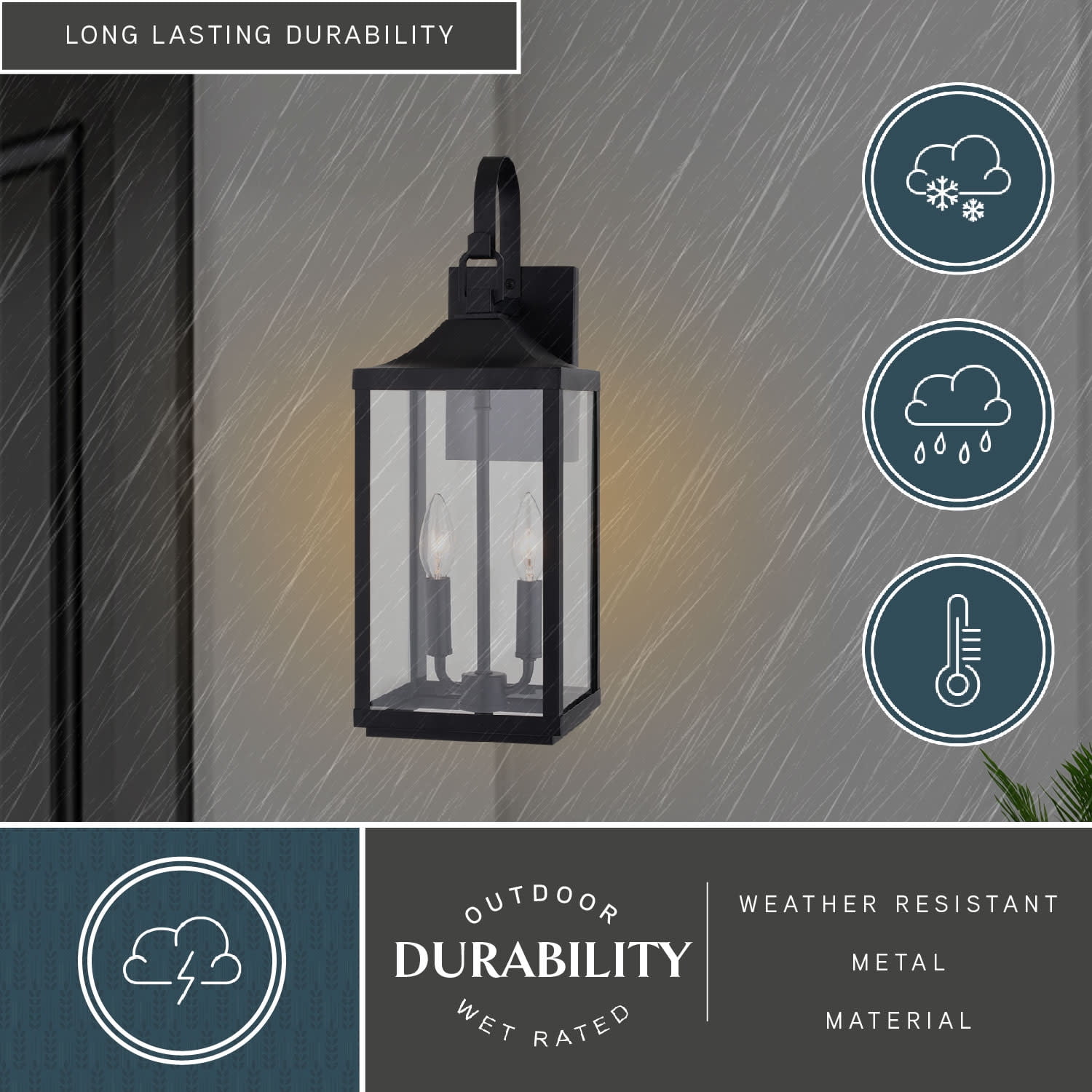 Old Town 2 Light Textured Black Transitional Outdoor Wall Lantern Clear Glass