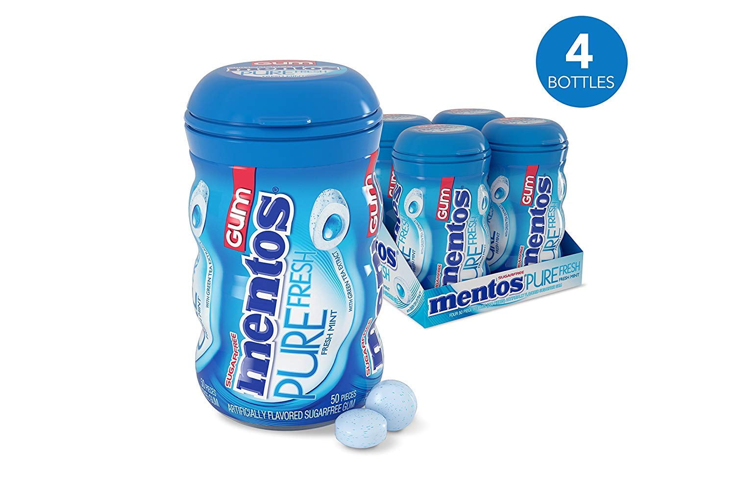 Mentos Pure Fresh Sugar-Free Chewing Gum with Xylitol, Fresh Mint, 50 Piece Bottle (Pack of 4)