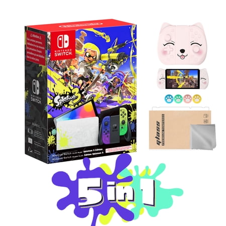 2022 Nintendo Switch OLED Splatoon 3 Limited Edition 5 in1 Bundle, Blue & Yellow Gradient Joy-Con 64GB Console, LAN-Port Graffiti-themed Dock, Mytrix Peachie JoyPad & Accessory