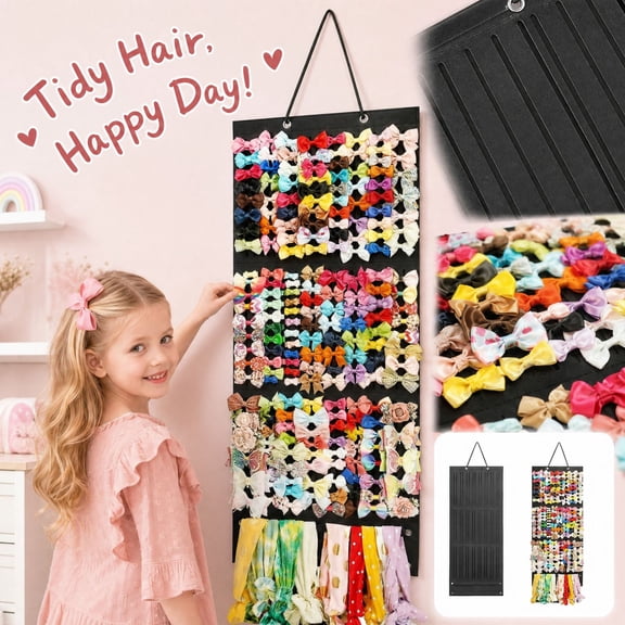 Hair Bows Holder Multi Compartment Wall Mount Hanging Organizer For Hair Barrettes Hair Ties Bows Decorative Display For Indoor Rooms (Black)